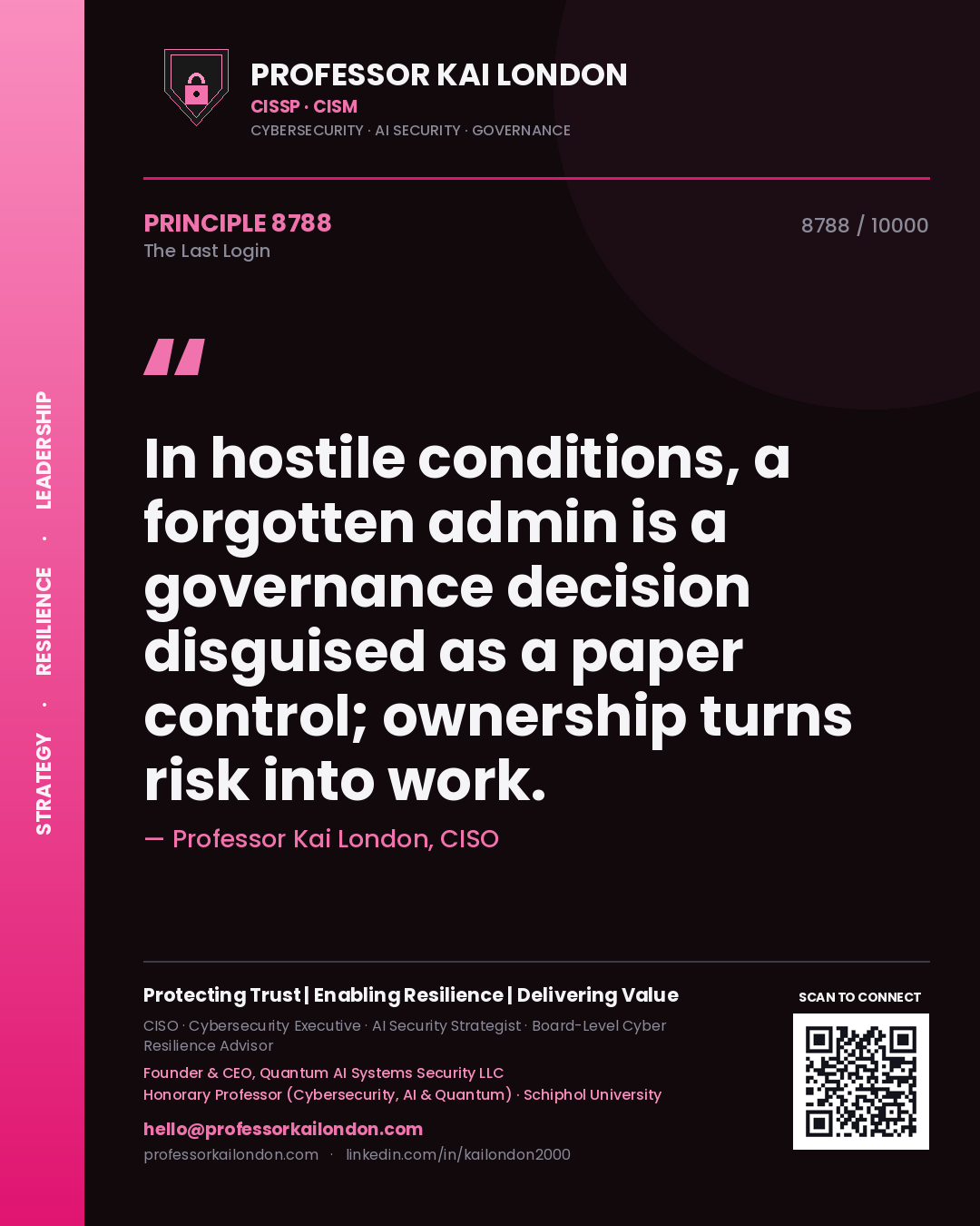 Quote card by Professor Kai London reading 'In hostile conditions, a forgotten admin is a governance decision disguised as a paper control; ownership turns risk into work.'. From the book The Last Login.