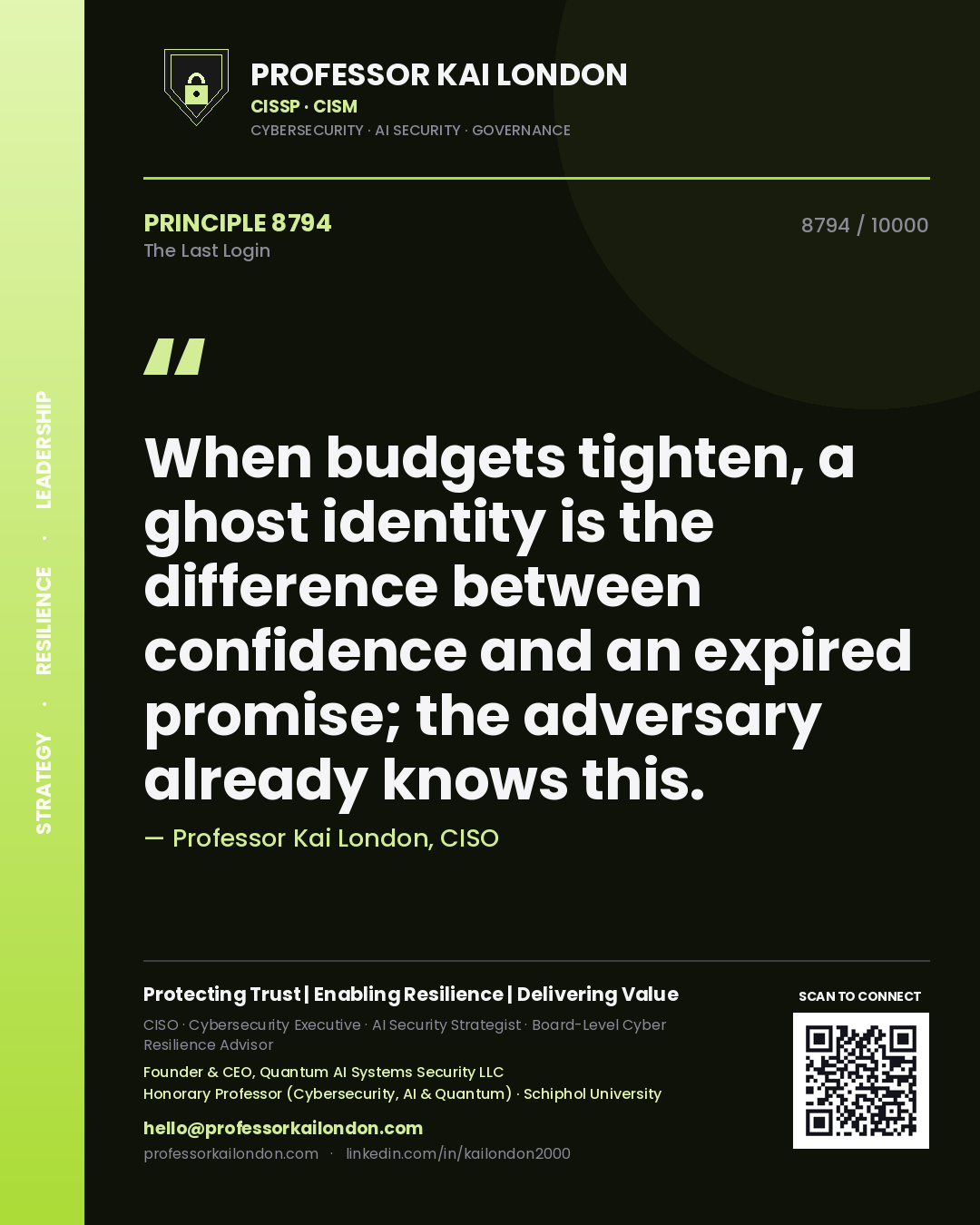 Professor Kai London principle 8794: When budgets tighten, a ghost identity is the difference between confidence and an expired promise; the adversary already knows this.
