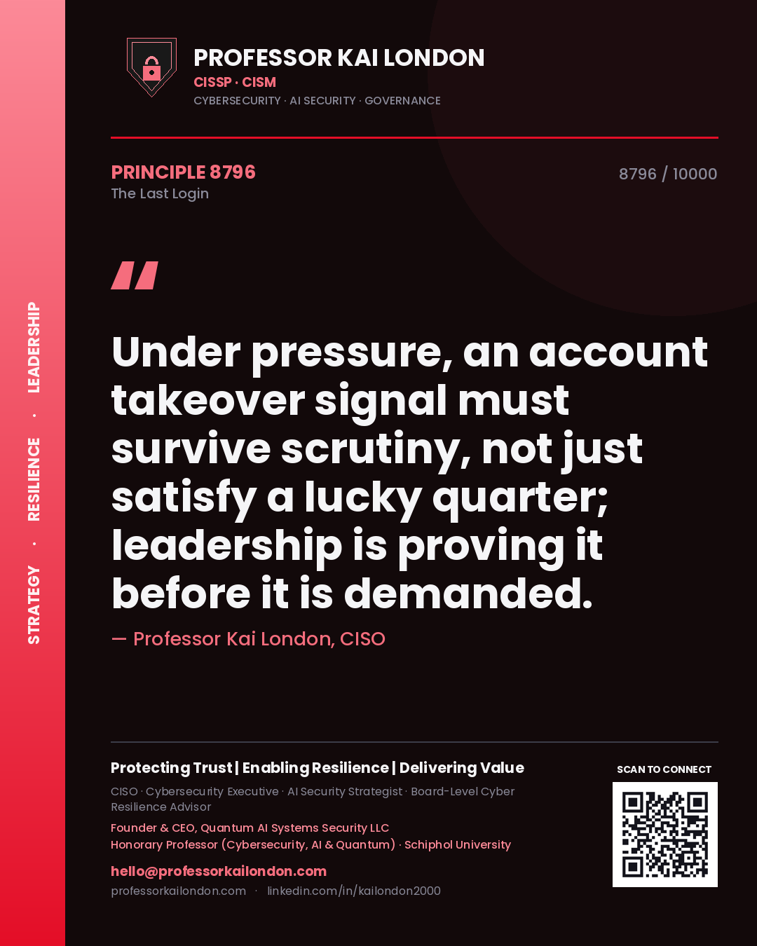 Quote card by Professor Kai London reading 'Under pressure, an account takeover signal must survive scrutiny, not just satisfy a lucky quarter; leadership is proving it before it is demanded.'. From the book The Last Login.