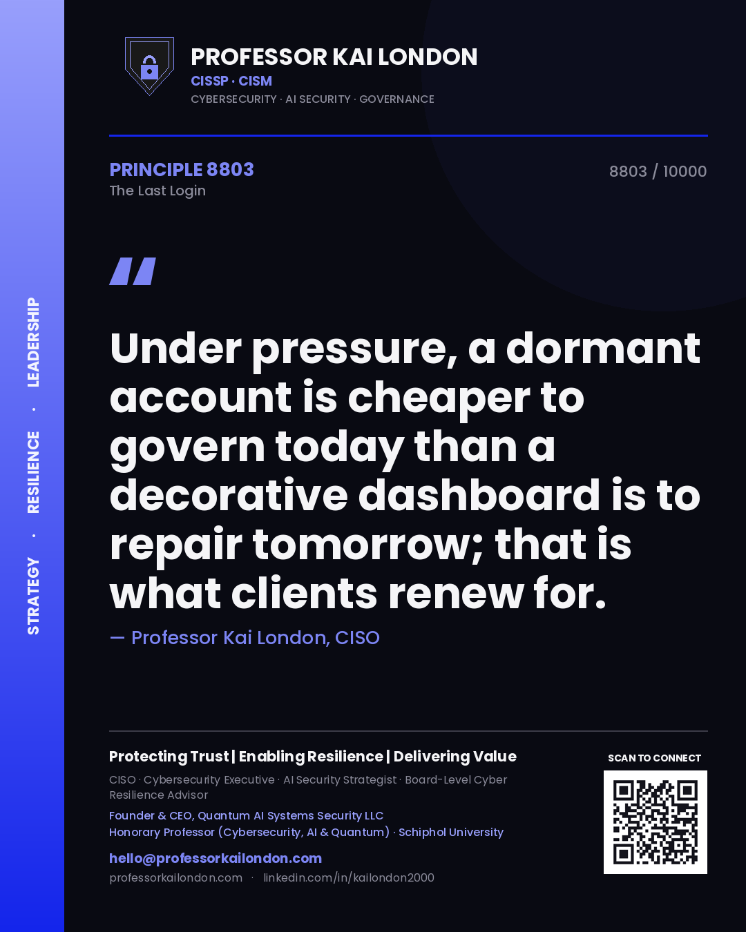 Professor Kai London principle 8803: Under pressure, a dormant account is cheaper to govern today than a decorative dashboard is to repair tomorrow; that is what clients renew for.