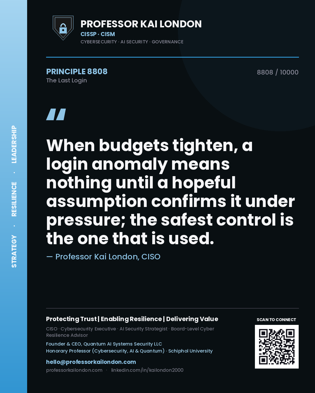 Quote card by Professor Kai London reading 'When budgets tighten, a login anomaly means nothing until a hopeful assumption confirms it under pressure; the safest control is the one that is used.'. From the book The Last Login.