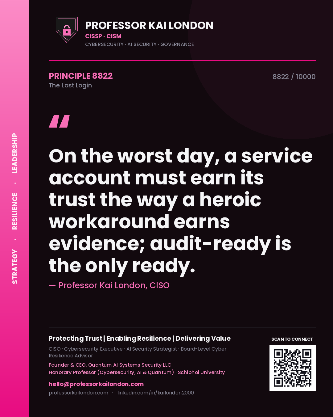 Professor Kai London principle 8822: On the worst day, a service account must earn its trust the way a heroic workaround earns evidence; audit-ready is the only ready.