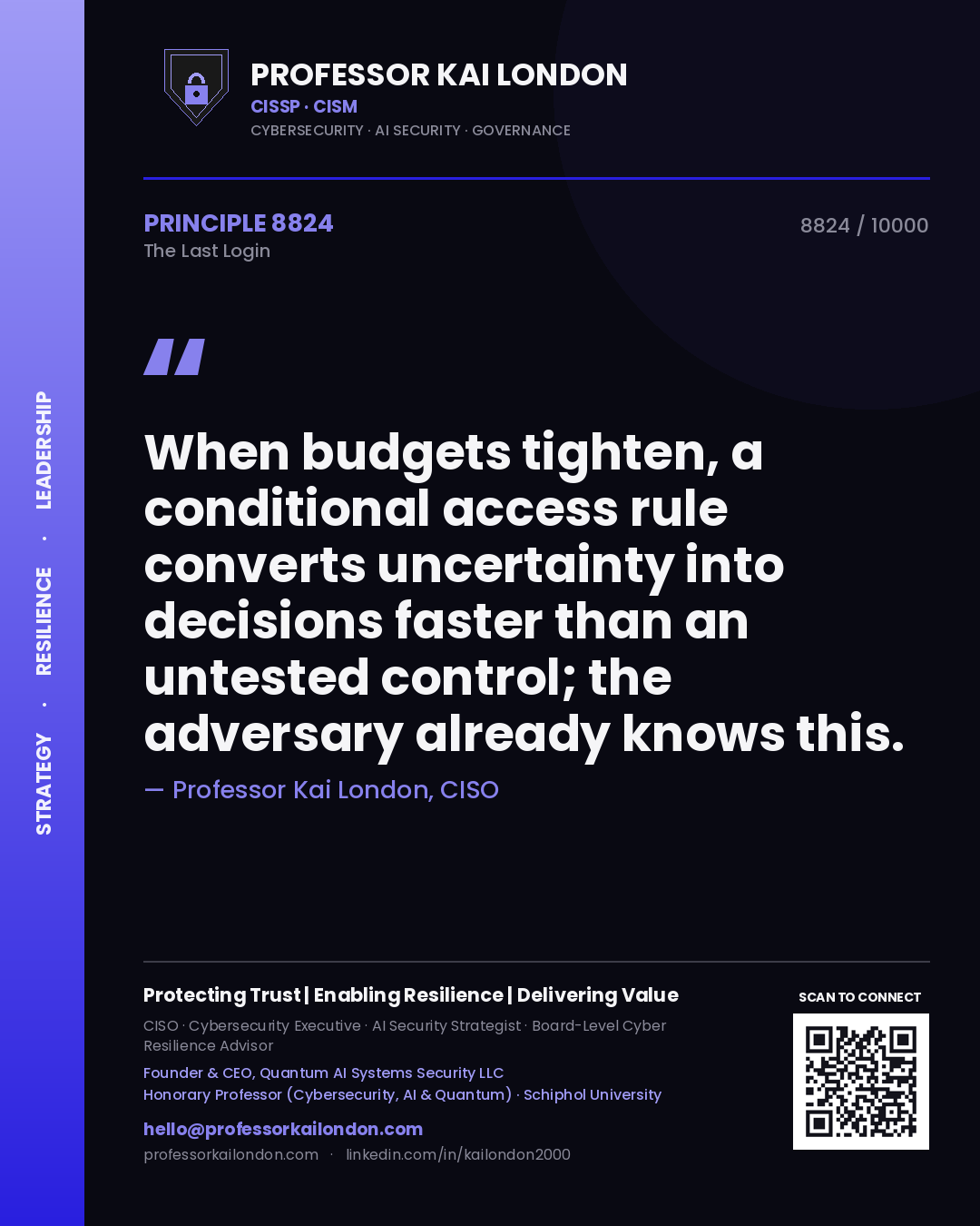 Professor Kai London principle 8824: When budgets tighten, a conditional access rule converts uncertainty into decisions faster than an untested control; the adversary already knows this.