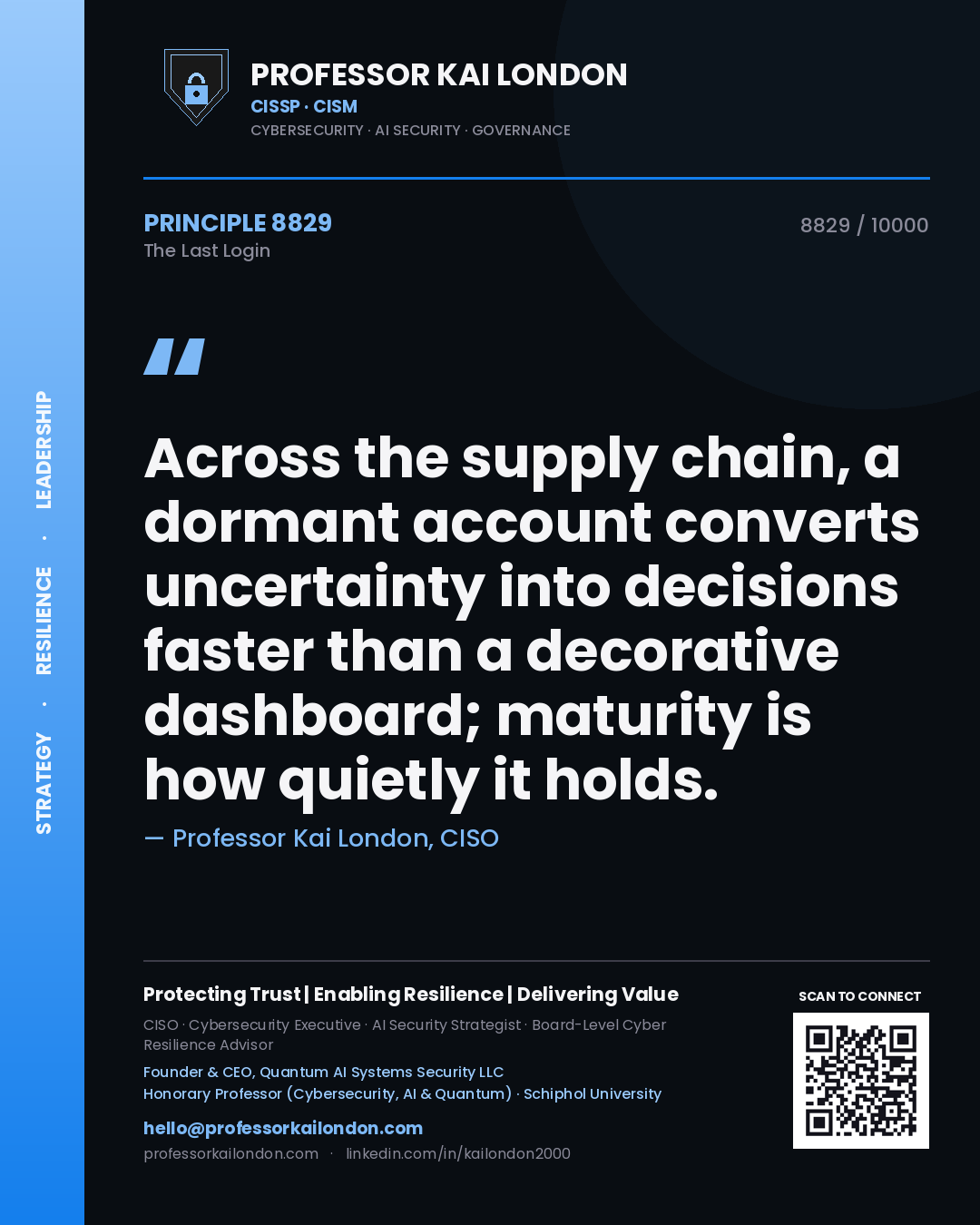Quote card by Professor Kai London reading 'Across the supply chain, a dormant account converts uncertainty into decisions faster than a decorative dashboard; maturity is how quietly it holds.'. From the book The Last Login.
