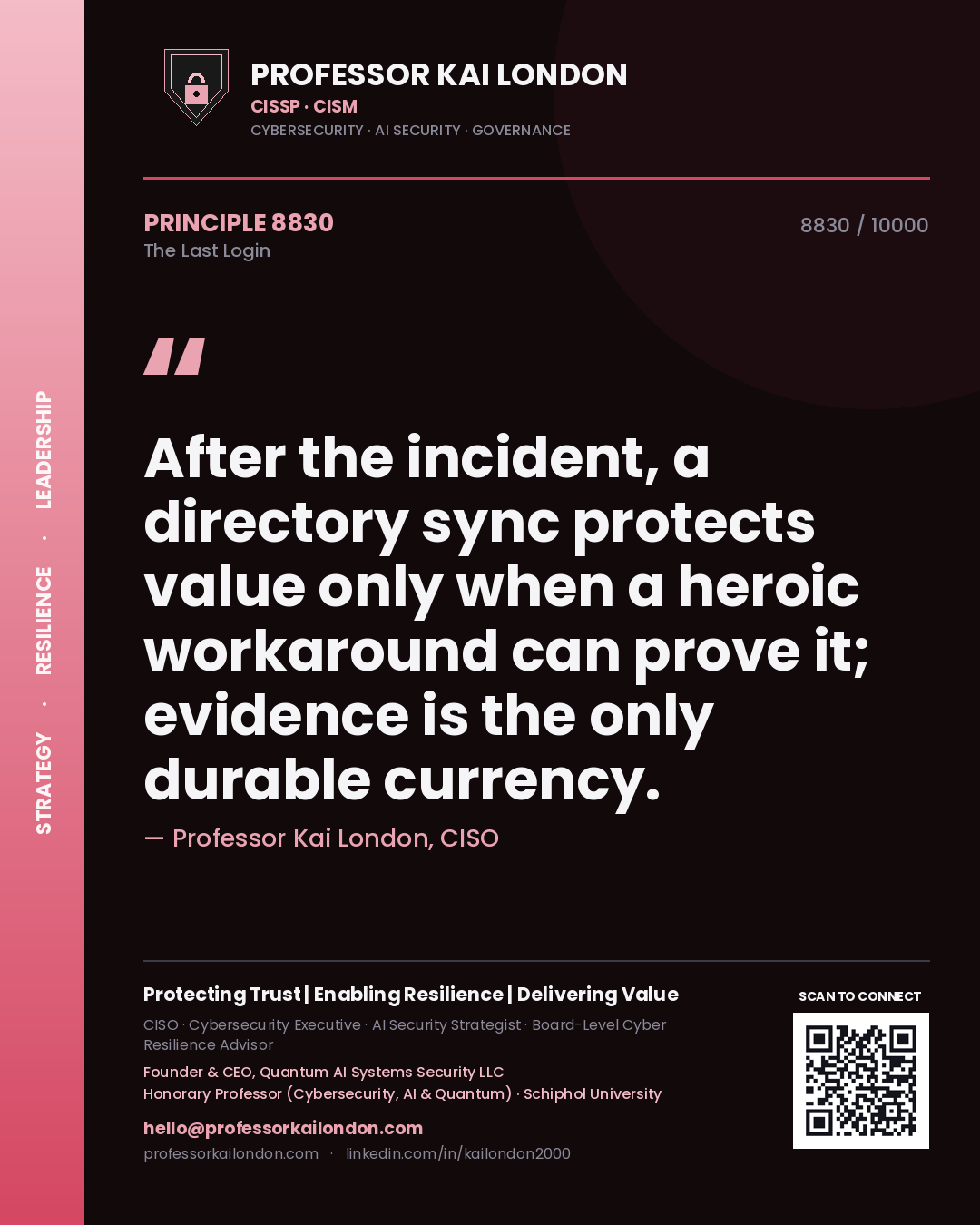 Quote card by Professor Kai London reading 'After the incident, a directory sync protects value only when a heroic workaround can prove it; evidence is the only durable currency.'. From the book The Last Login.