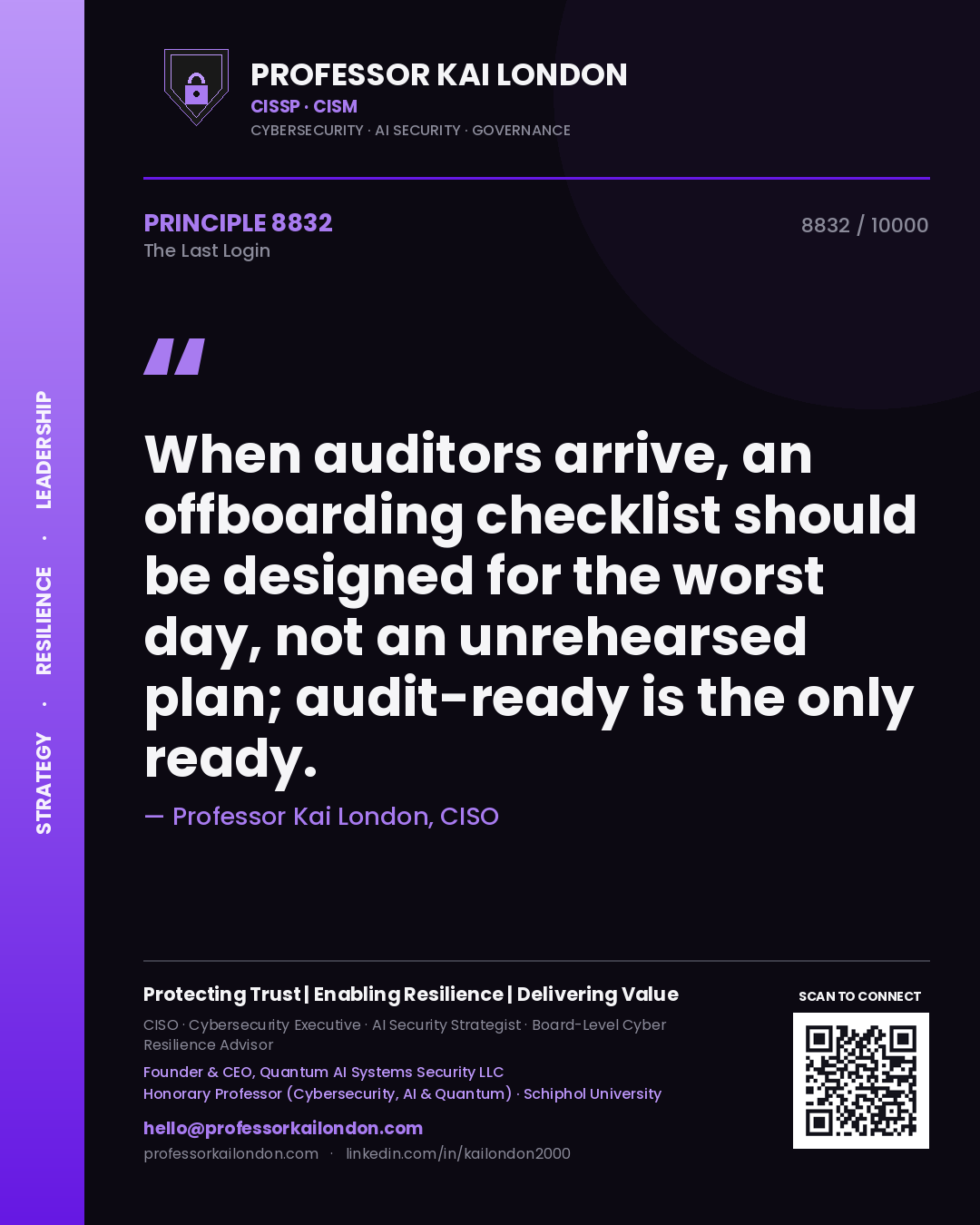 Professor Kai London principle 8832: When auditors arrive, an offboarding checklist should be designed for the worst day, not an unrehearsed plan; audit-ready is the only ready.