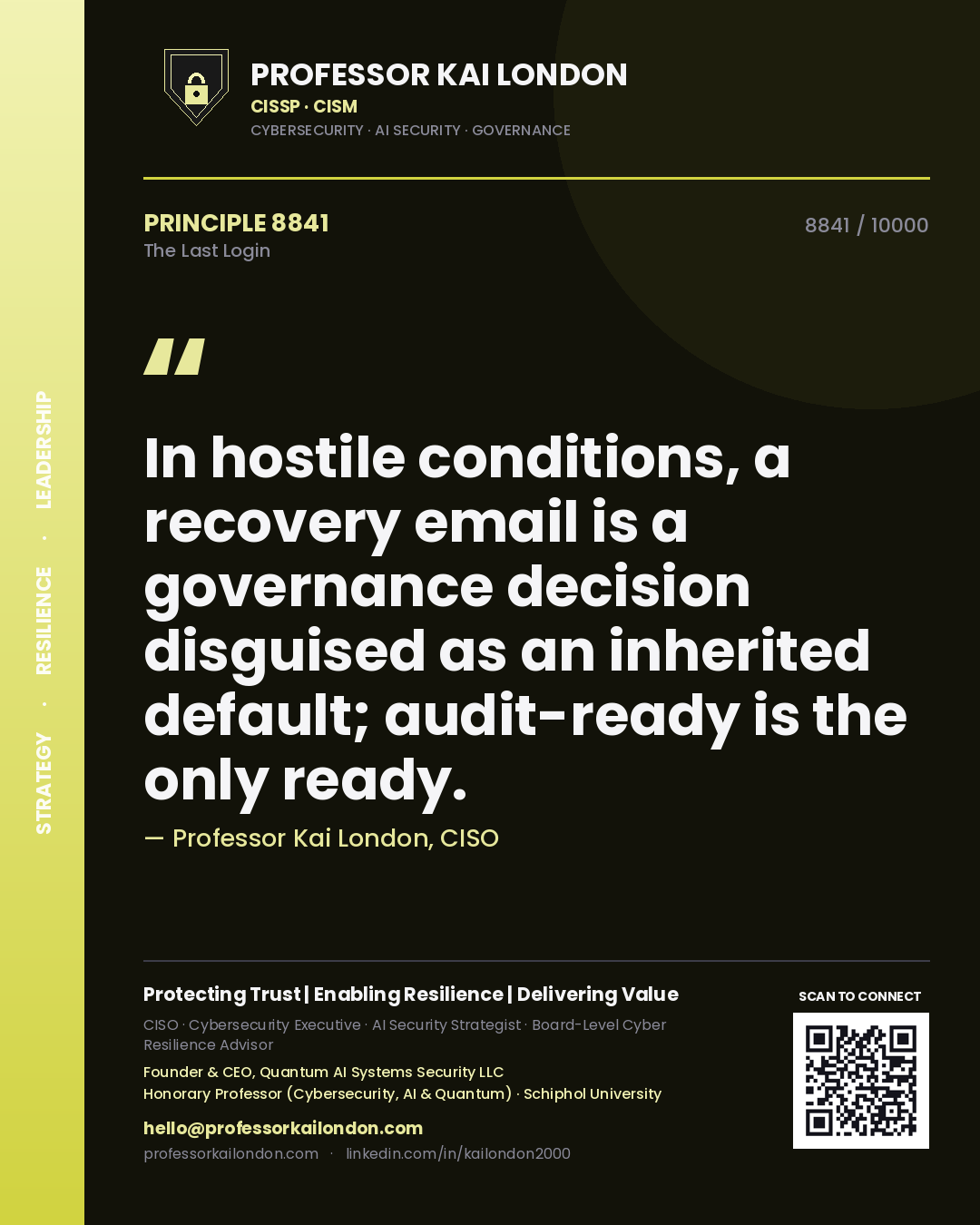 Professor Kai London principle 8841: In hostile conditions, a recovery email is a governance decision disguised as an inherited default; audit-ready is the only ready.