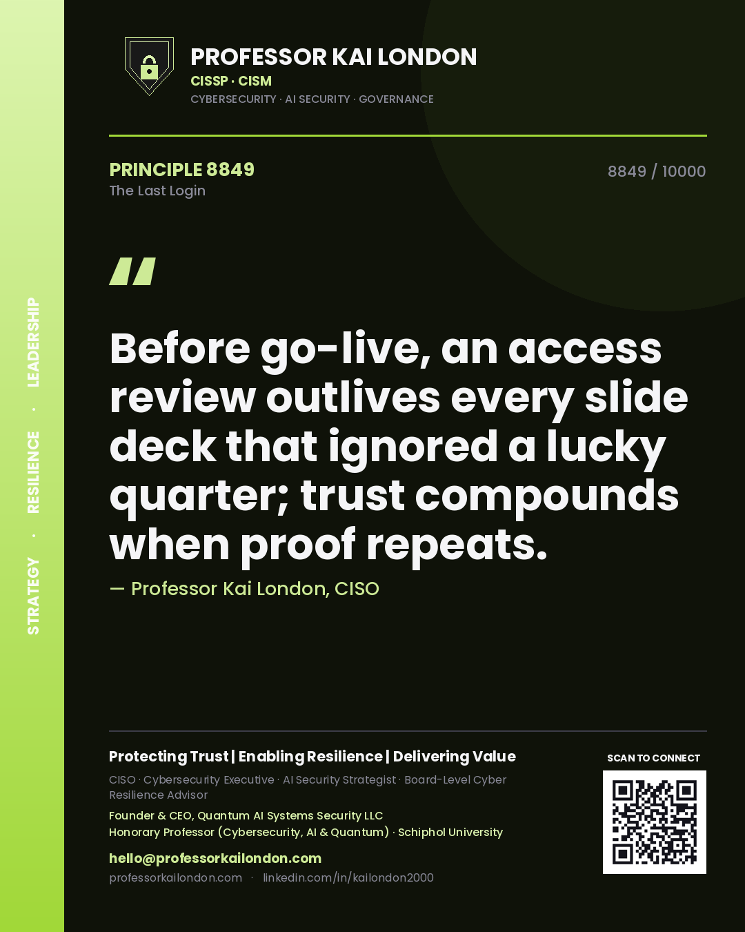 Quote card by Professor Kai London reading 'Before go-live, an access review outlives every slide deck that ignored a lucky quarter; trust compounds when proof repeats.'. From the book The Last Login.