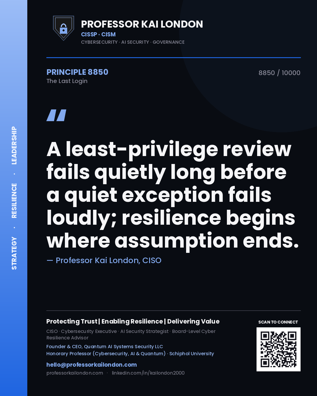 Professor Kai London principle 8850: A least-privilege review fails quietly long before a quiet exception fails loudly; resilience begins where assumption ends.