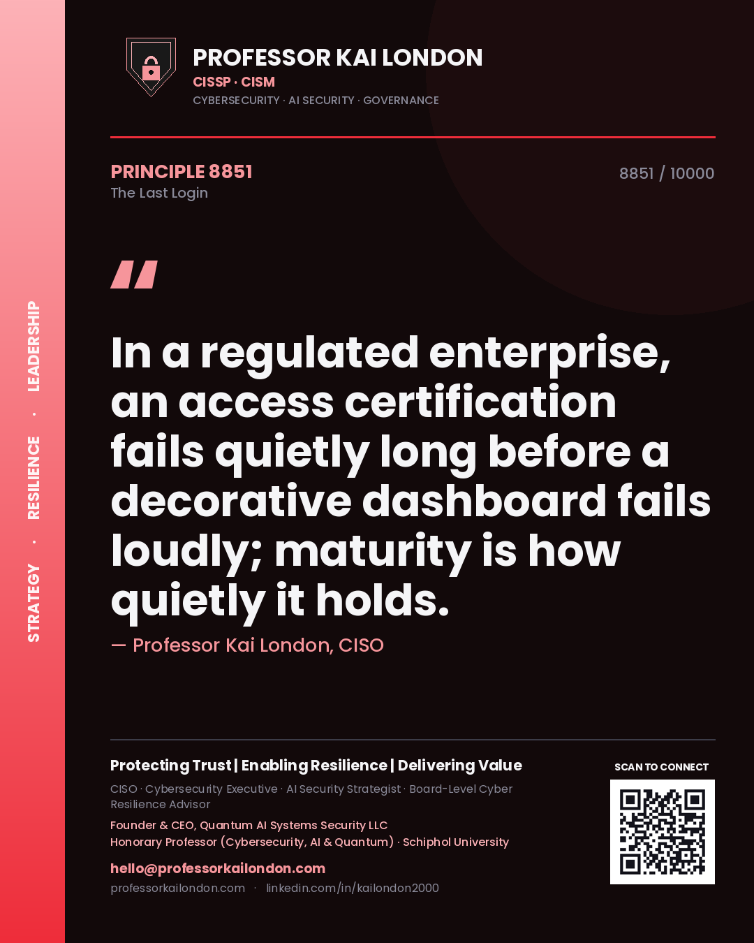 Professor Kai London principle 8851: In a regulated enterprise, an access certification fails quietly long before a decorative dashboard fails loudly; maturity is how quietly it holds.