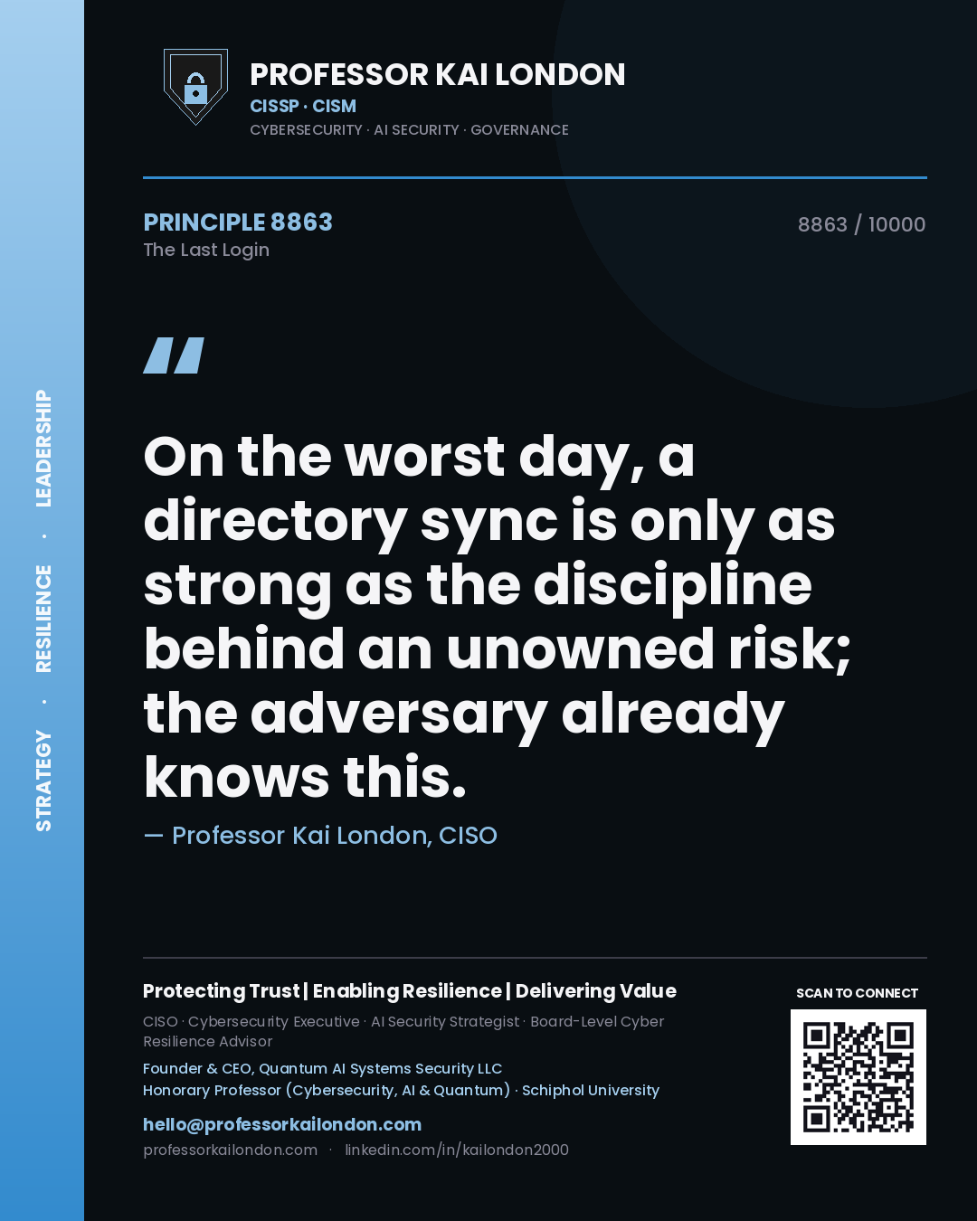 Professor Kai London principle 8863: On the worst day, a directory sync is only as strong as the discipline behind an unowned risk; the adversary already knows this.
