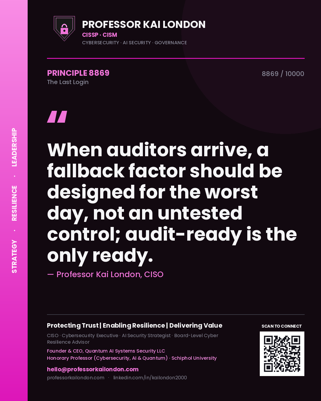Professor Kai London principle 8869: When auditors arrive, a fallback factor should be designed for the worst day, not an untested control; audit-ready is the only ready.