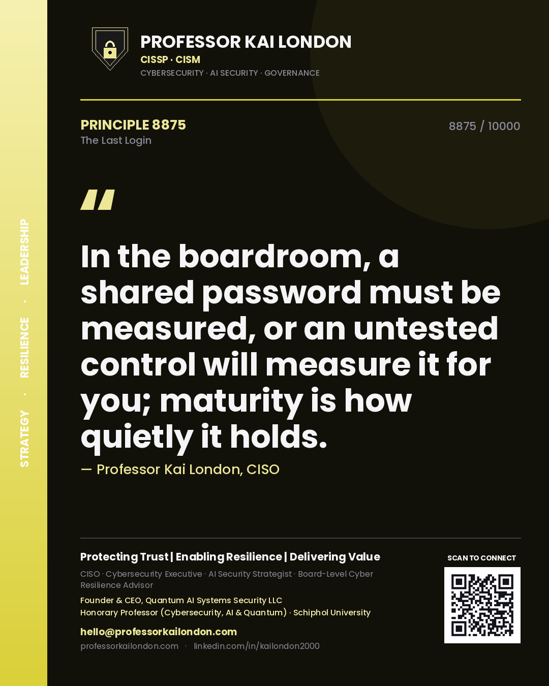 Professor Kai London principle 8875: In the boardroom, a shared password must be measured, or an untested control will measure it for you; maturity is how quietly it holds.