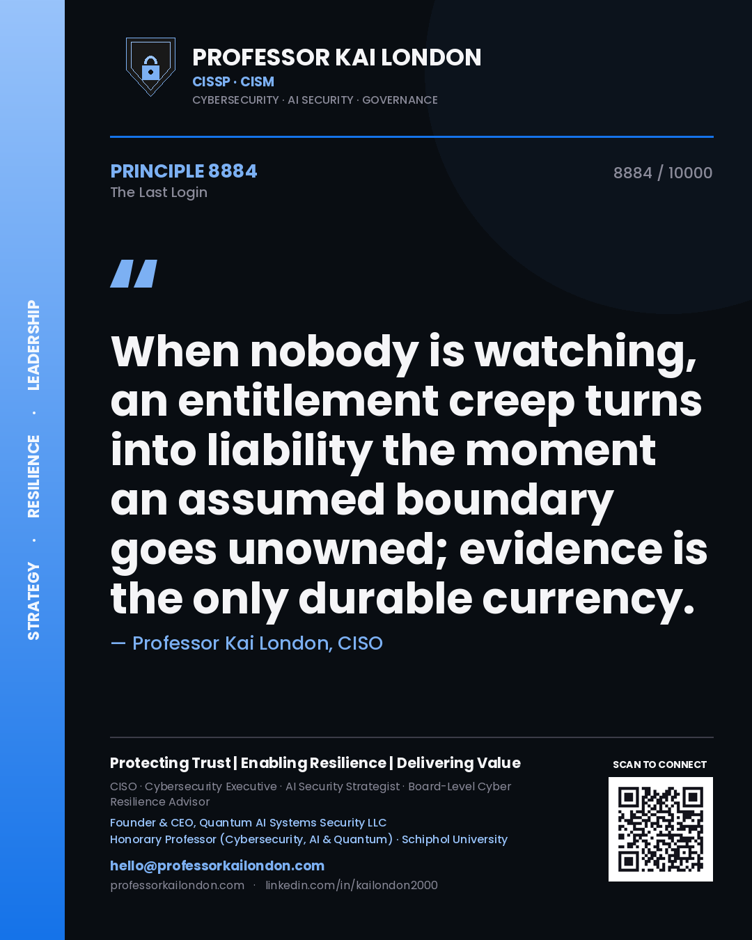 Quote card by Professor Kai London reading 'When nobody is watching, an entitlement creep turns into liability the moment an assumed boundary goes unowned; evidence is the only durable currency.'. From the book The Last Login.