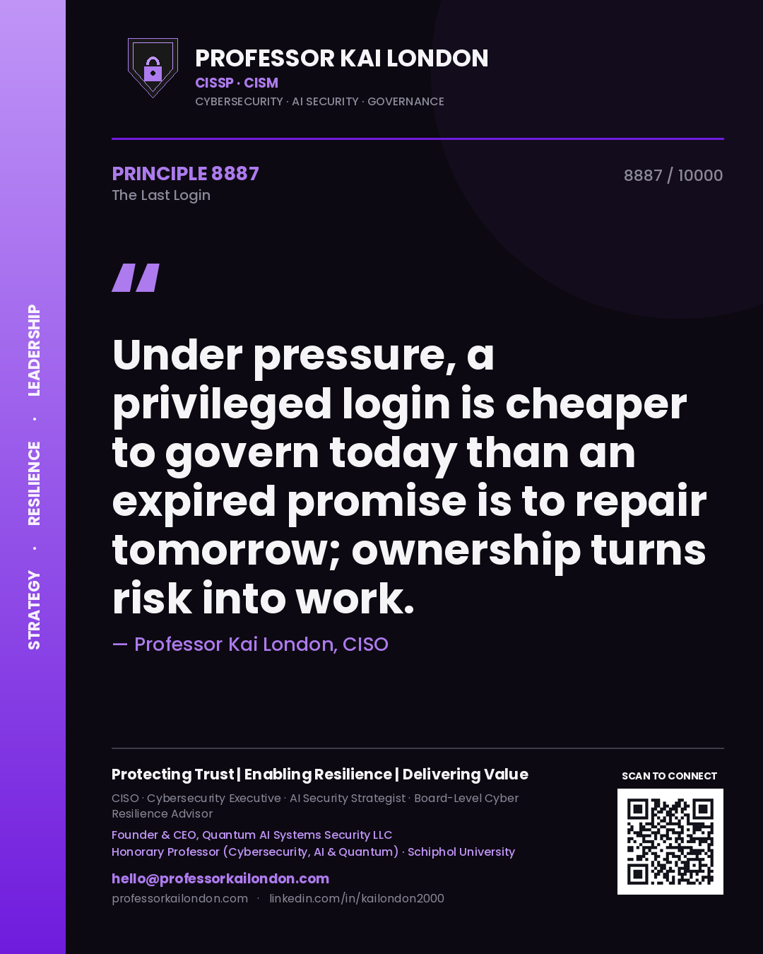 Professor Kai London principle 8887: Under pressure, a privileged login is cheaper to govern today than an expired promise is to repair tomorrow; ownership turns risk into work.