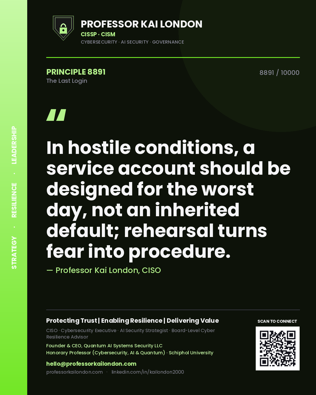 Quote card by Professor Kai London reading 'In hostile conditions, a service account should be designed for the worst day, not an inherited default; rehearsal turns fear into procedure.'. From the book The Last Login.