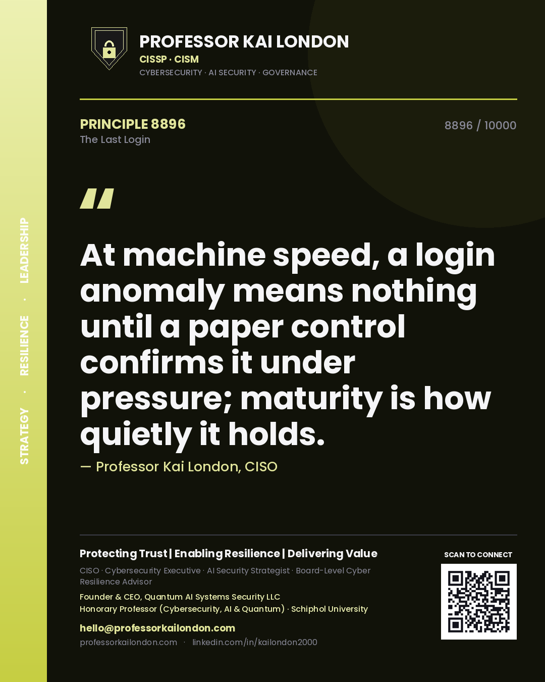 Professor Kai London principle 8896: At machine speed, a login anomaly means nothing until a paper control confirms it under pressure; maturity is how quietly it holds.