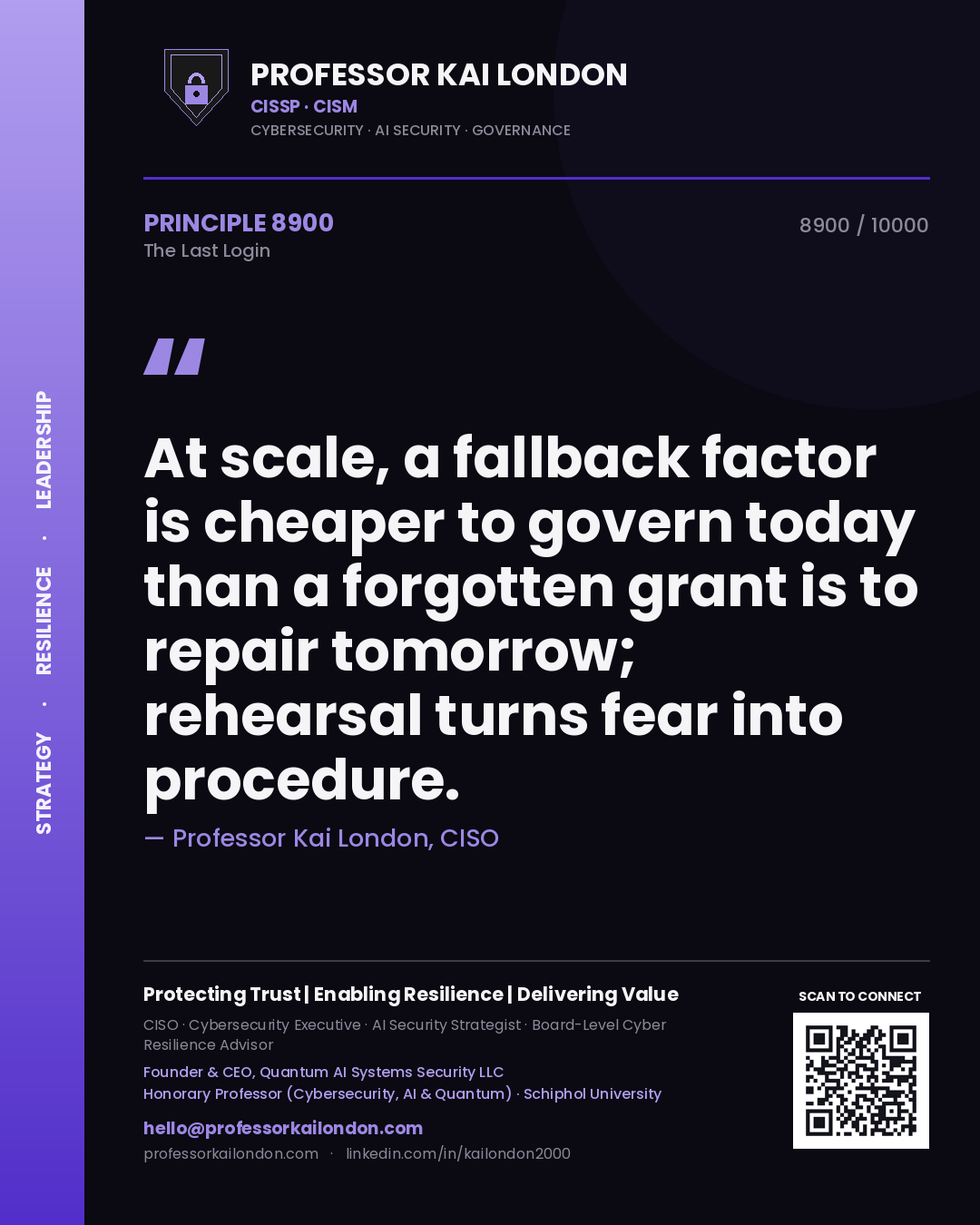 Professor Kai London principle 8900: At scale, a fallback factor is cheaper to govern today than a forgotten grant is to repair tomorrow; rehearsal turns fear into procedure.