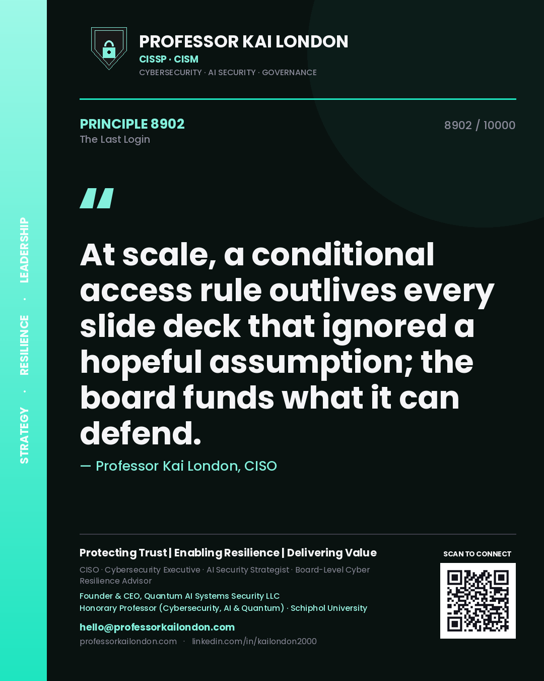 Quote card by Professor Kai London reading 'At scale, a conditional access rule outlives every slide deck that ignored a hopeful assumption; the board funds what it can defend.'. From the book The Last Login.
