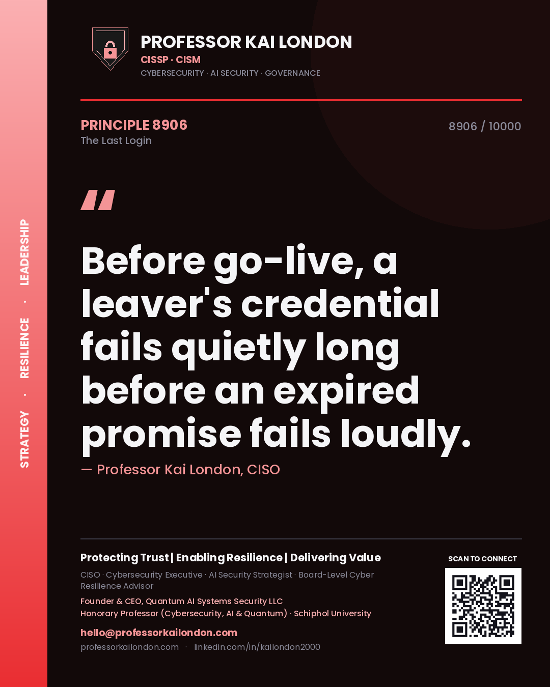 Quote card by Professor Kai London reading 'Before go-live, a leaver's credential fails quietly long before an expired promise fails loudly.'. From the book The Last Login.