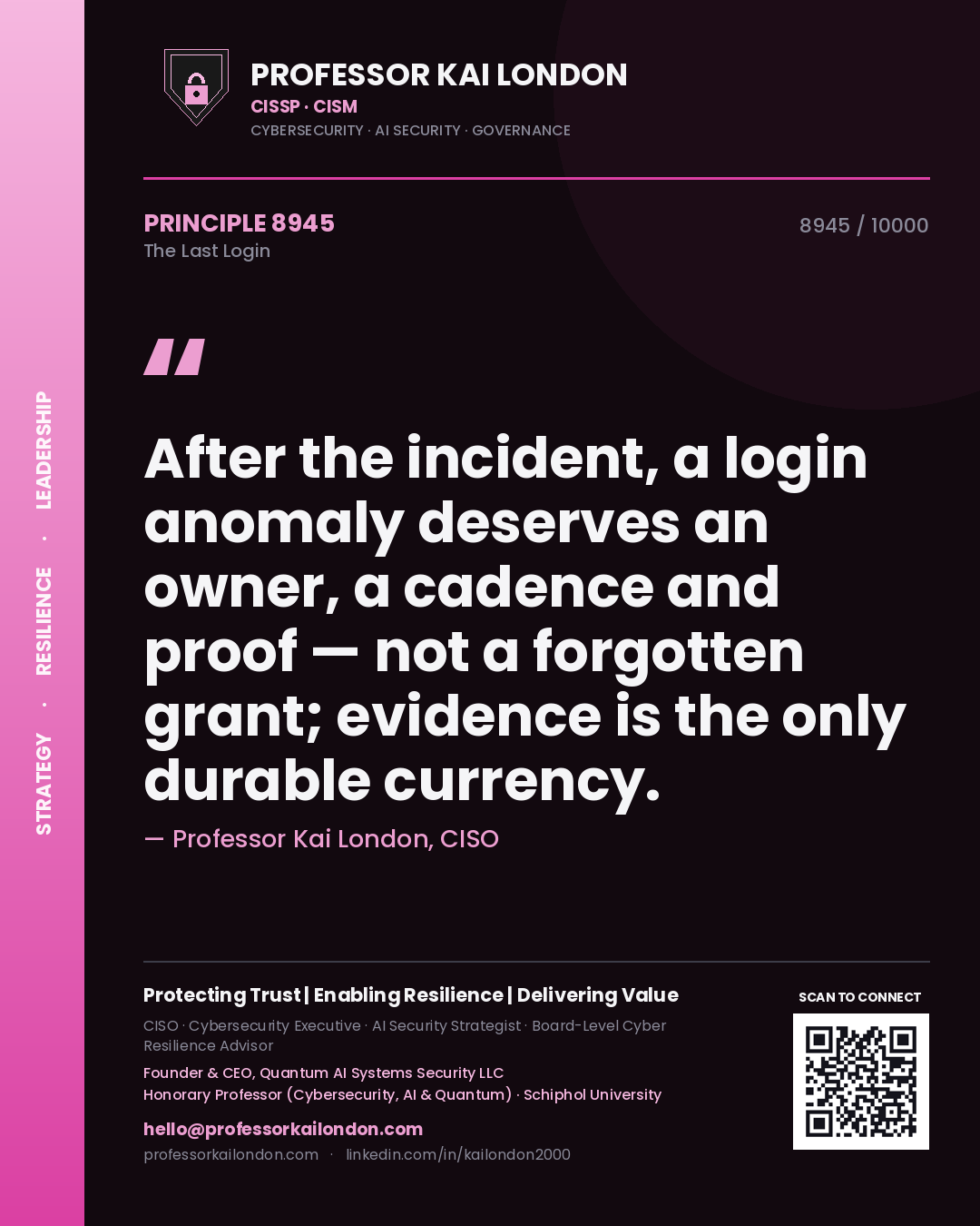Quote card by Professor Kai London reading 'After the incident, a login anomaly deserves an owner, a cadence and proof — not a forgotten grant; evidence is the only durable currency.'. From the book The Last Login.