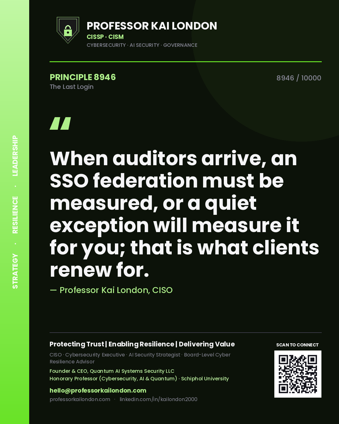 Quote card by Professor Kai London reading 'When auditors arrive, an SSO federation must be measured, or a quiet exception will measure it for you; that is what clients renew for.'. From the book The Last Login.
