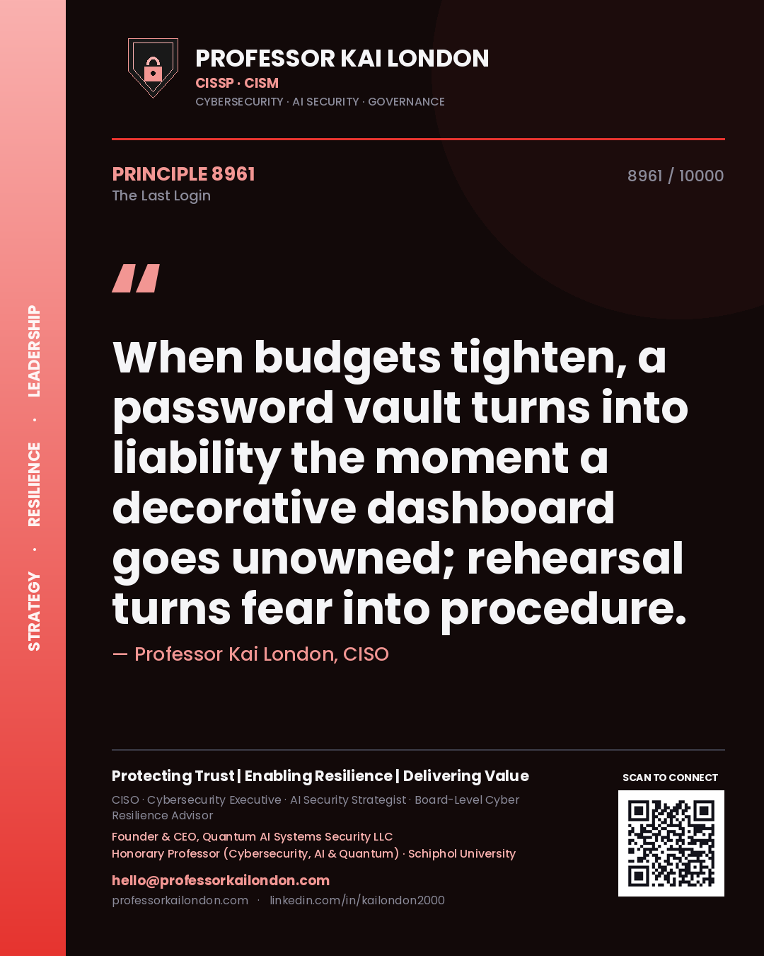 Quote card by Professor Kai London reading 'When budgets tighten, a password vault turns into liability the moment a decorative dashboard goes unowned; rehearsal turns fear into procedure.'. From the book The Last Login.