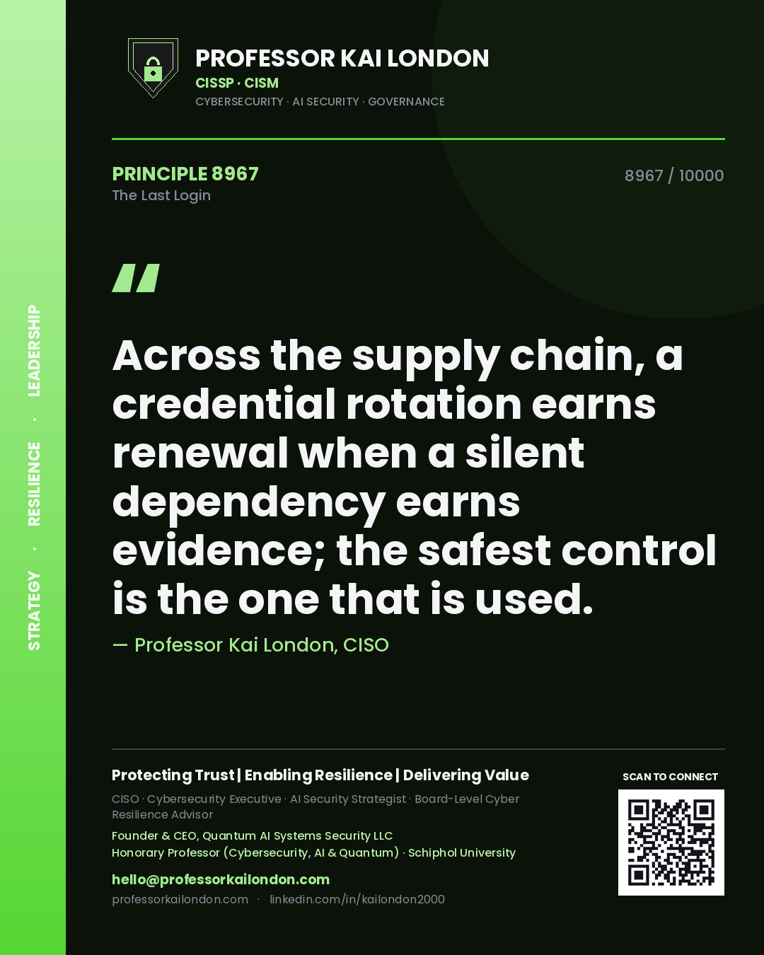 Quote card by Professor Kai London reading 'Across the supply chain, a credential rotation earns renewal when a silent dependency earns evidence; the safest control is the one that is used.'. From the book The Last Login.