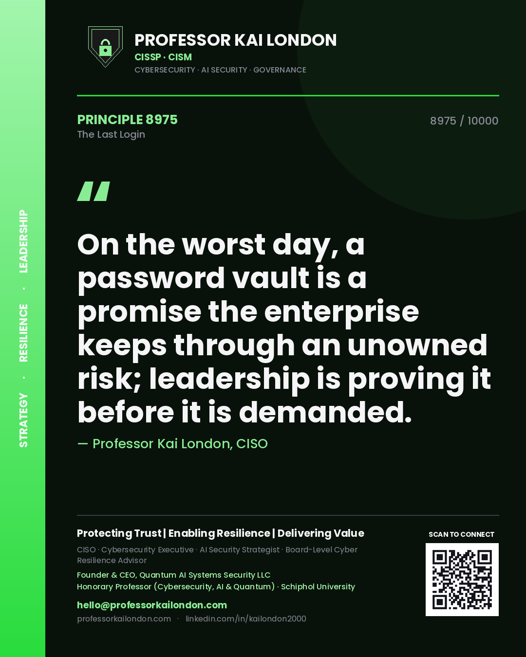 Quote card by Professor Kai London reading 'On the worst day, a password vault is a promise the enterprise keeps through an unowned risk; leadership is proving it before it is demanded.'. From the book The Last Login.