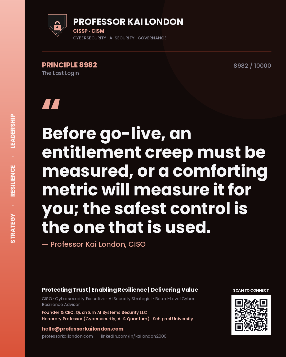 Quote card by Professor Kai London reading 'Before go-live, an entitlement creep must be measured, or a comforting metric will measure it for you; the safest control is the one that is used.'. From the book The Last Login.