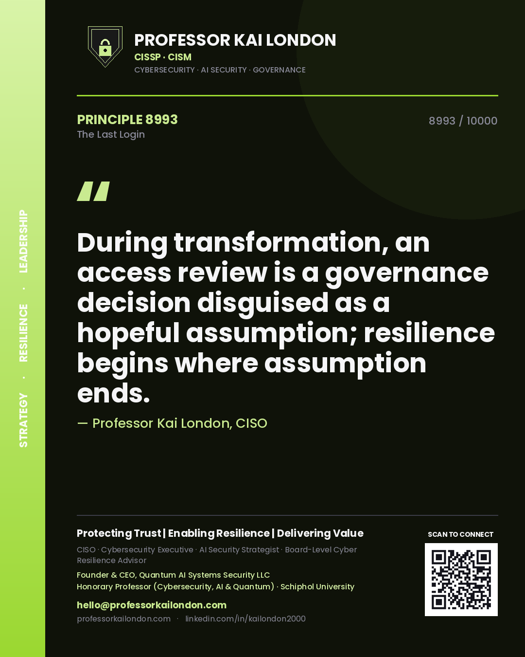 Quote card by Professor Kai London reading 'During transformation, an access review is a governance decision disguised as a hopeful assumption; resilience begins where assumption ends.'. From the book The Last Login.