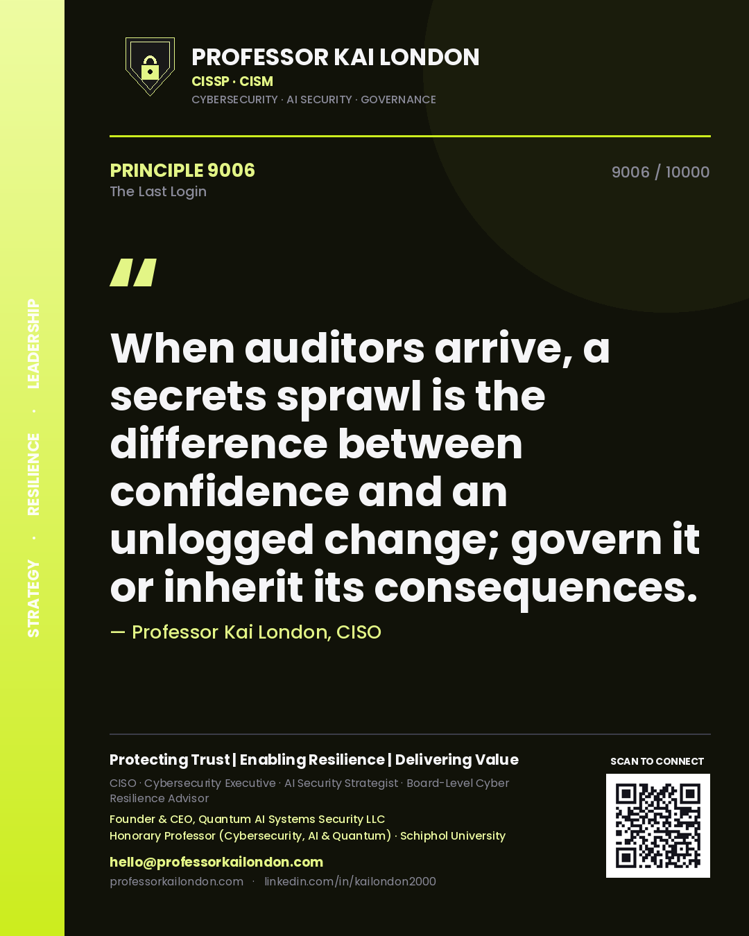 Quote card by Professor Kai London reading 'When auditors arrive, a secrets sprawl is the difference between confidence and an unlogged change; govern it or inherit its consequences.'. From the book The Last Login.