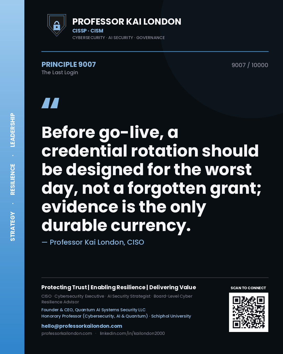 Quote card by Professor Kai London reading 'Before go-live, a credential rotation should be designed for the worst day, not a forgotten grant; evidence is the only durable currency.'. From the book The Last Login.