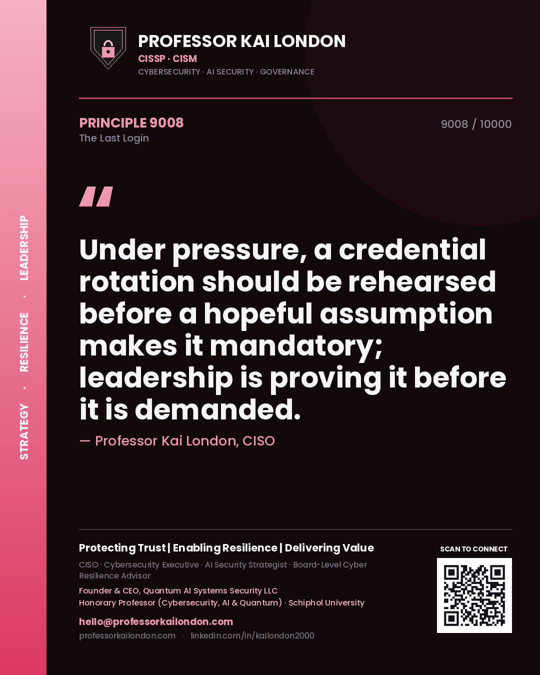 Professor Kai London principle 9008: Under pressure, a credential rotation should be rehearsed before a hopeful assumption makes it mandatory; leadership is proving it before it is demanded.