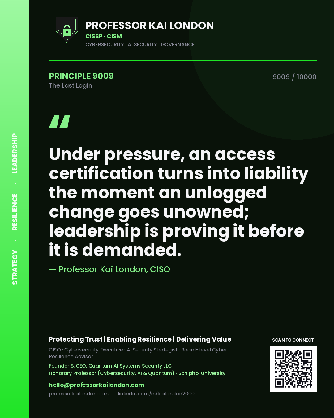Quote card by Professor Kai London reading 'Under pressure, an access certification turns into liability the moment an unlogged change goes unowned; leadership is proving it before it is demanded.'. From the book The Last Login.