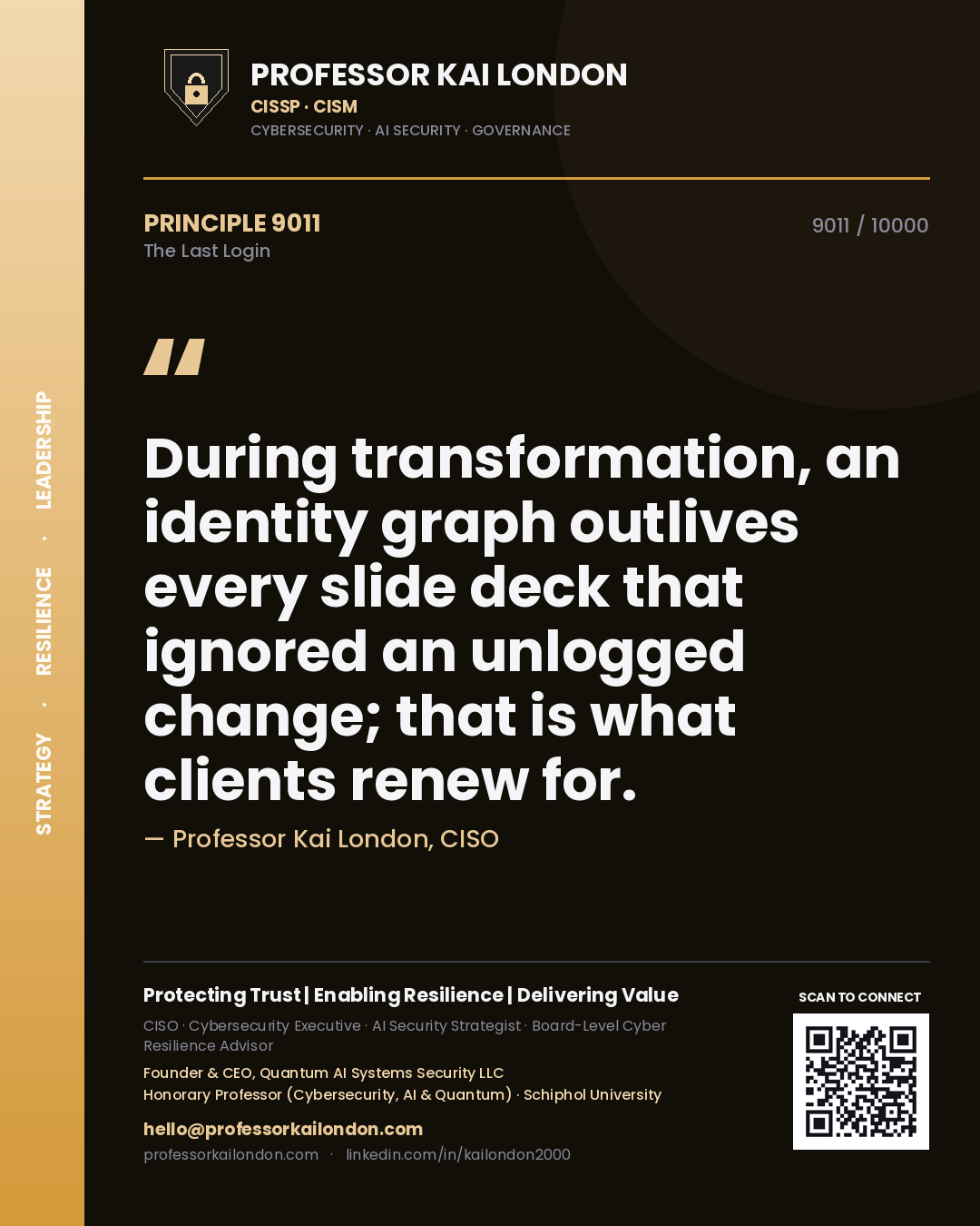 Quote card by Professor Kai London reading 'During transformation, an identity graph outlives every slide deck that ignored an unlogged change; that is what clients renew for.'. From the book The Last Login.