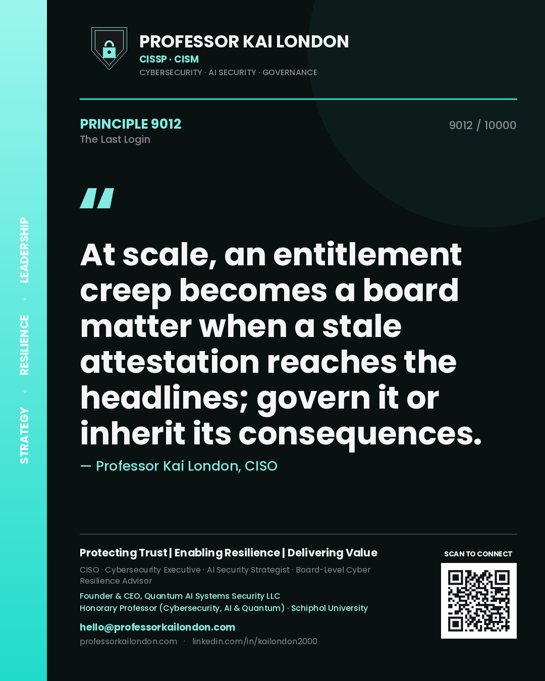 Professor Kai London principle 9012: At scale, an entitlement creep becomes a board matter when a stale attestation reaches the headlines; govern it or inherit its consequences.