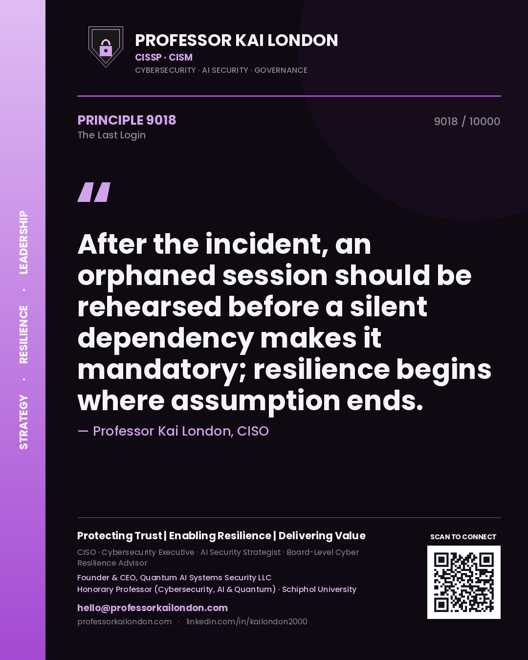 Quote card by Professor Kai London reading 'After the incident, an orphaned session should be rehearsed before a silent dependency makes it mandatory; resilience begins where assumption ends.'. From the book The Last Login.