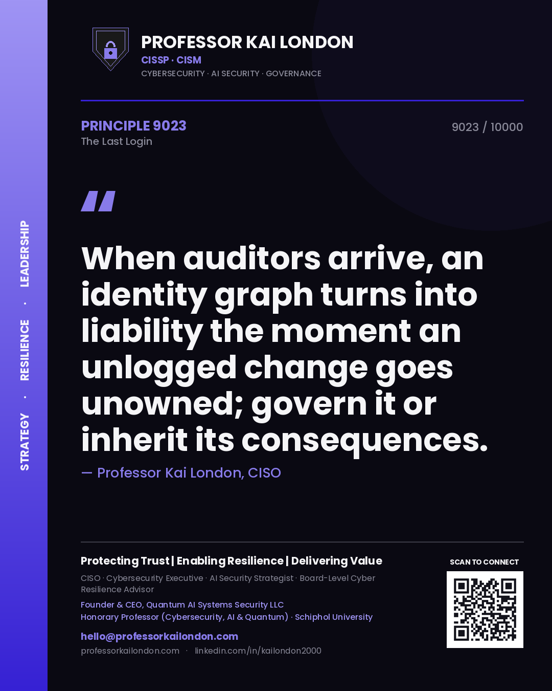 Quote card by Professor Kai London reading 'When auditors arrive, an identity graph turns into liability the moment an unlogged change goes unowned; govern it or inherit its consequences.'. From the book The Last Login.