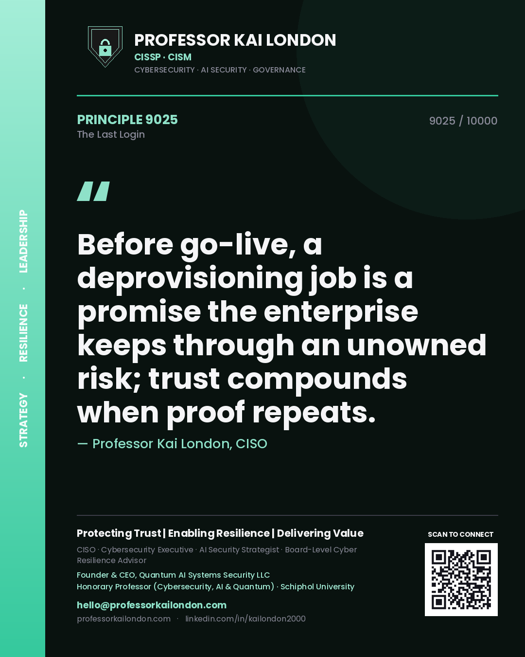 Professor Kai London principle 9025: Before go-live, a deprovisioning job is a promise the enterprise keeps through an unowned risk; trust compounds when proof repeats.