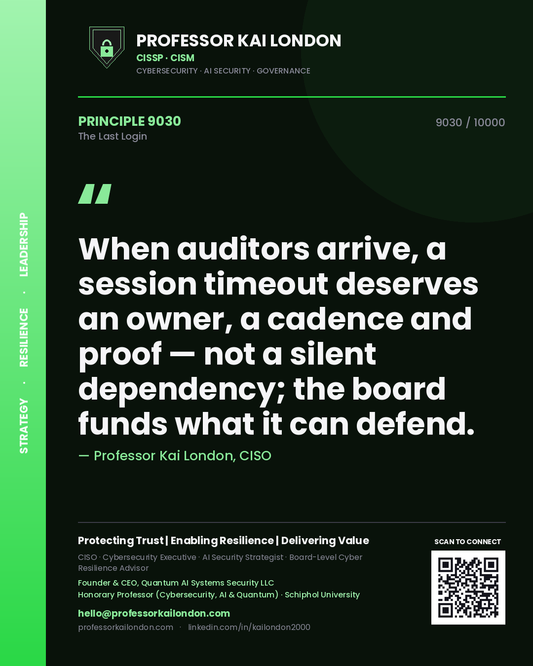 Professor Kai London principle 9030: When auditors arrive, a session timeout deserves an owner, a cadence and proof — not a silent dependency; the board funds what it can defend.