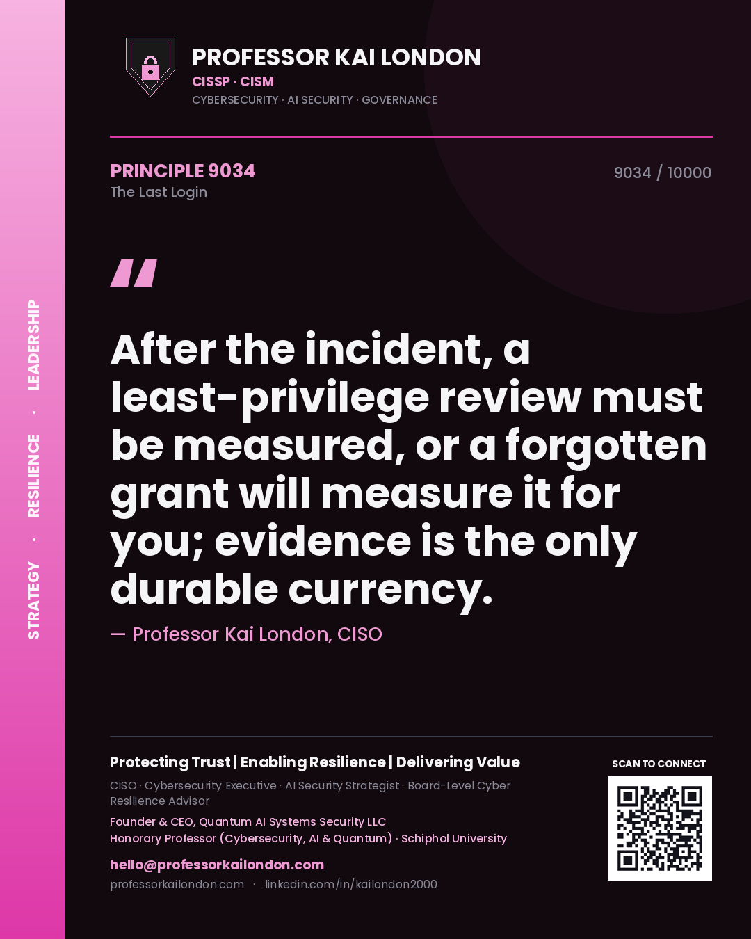 Quote card by Professor Kai London reading 'After the incident, a least-privilege review must be measured, or a forgotten grant will measure it for you; evidence is the only durable currency.'. From the book The Last Login.