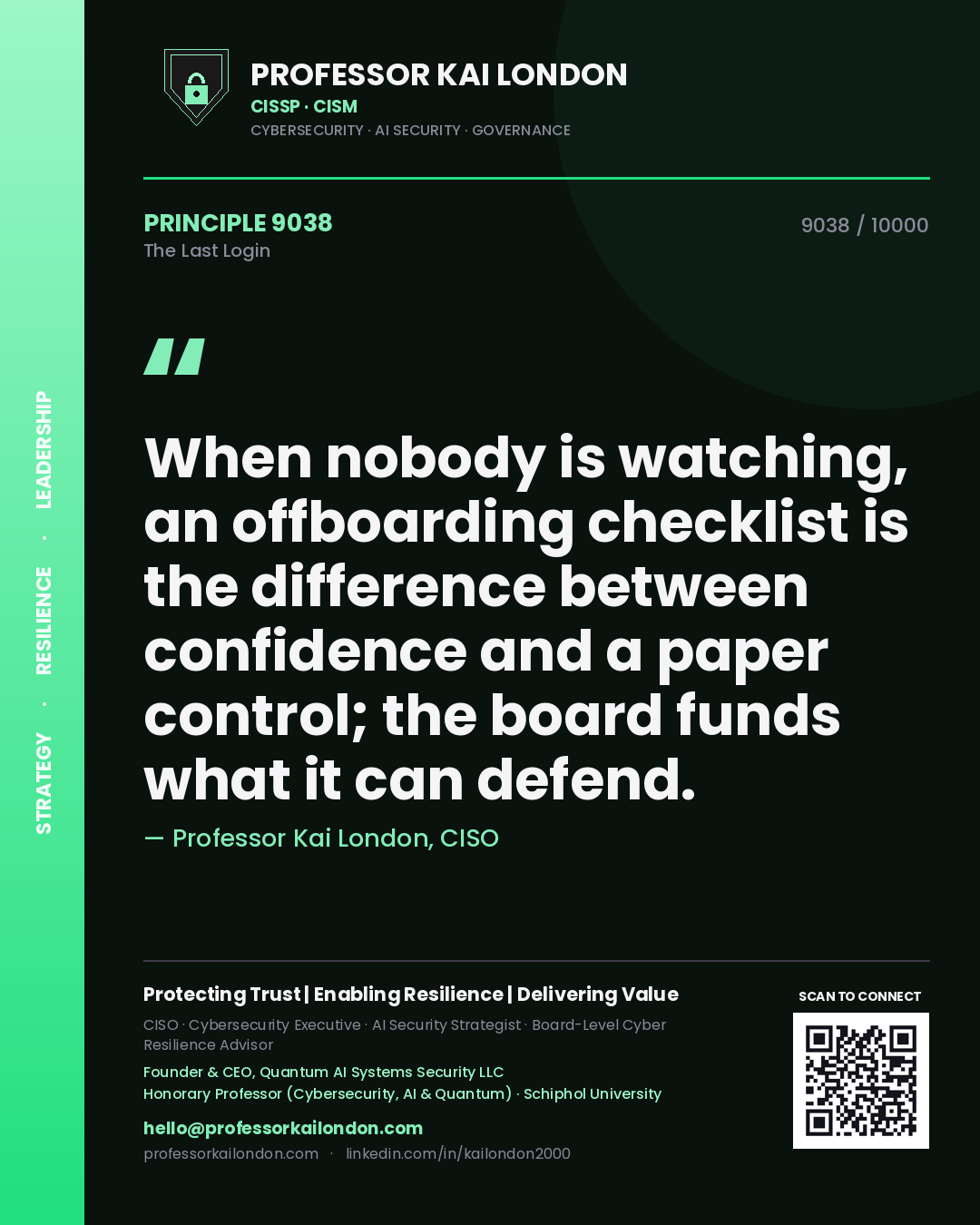 Quote card by Professor Kai London reading 'When nobody is watching, an offboarding checklist is the difference between confidence and a paper control; the board funds what it can defend.'. From the book The Last Login.