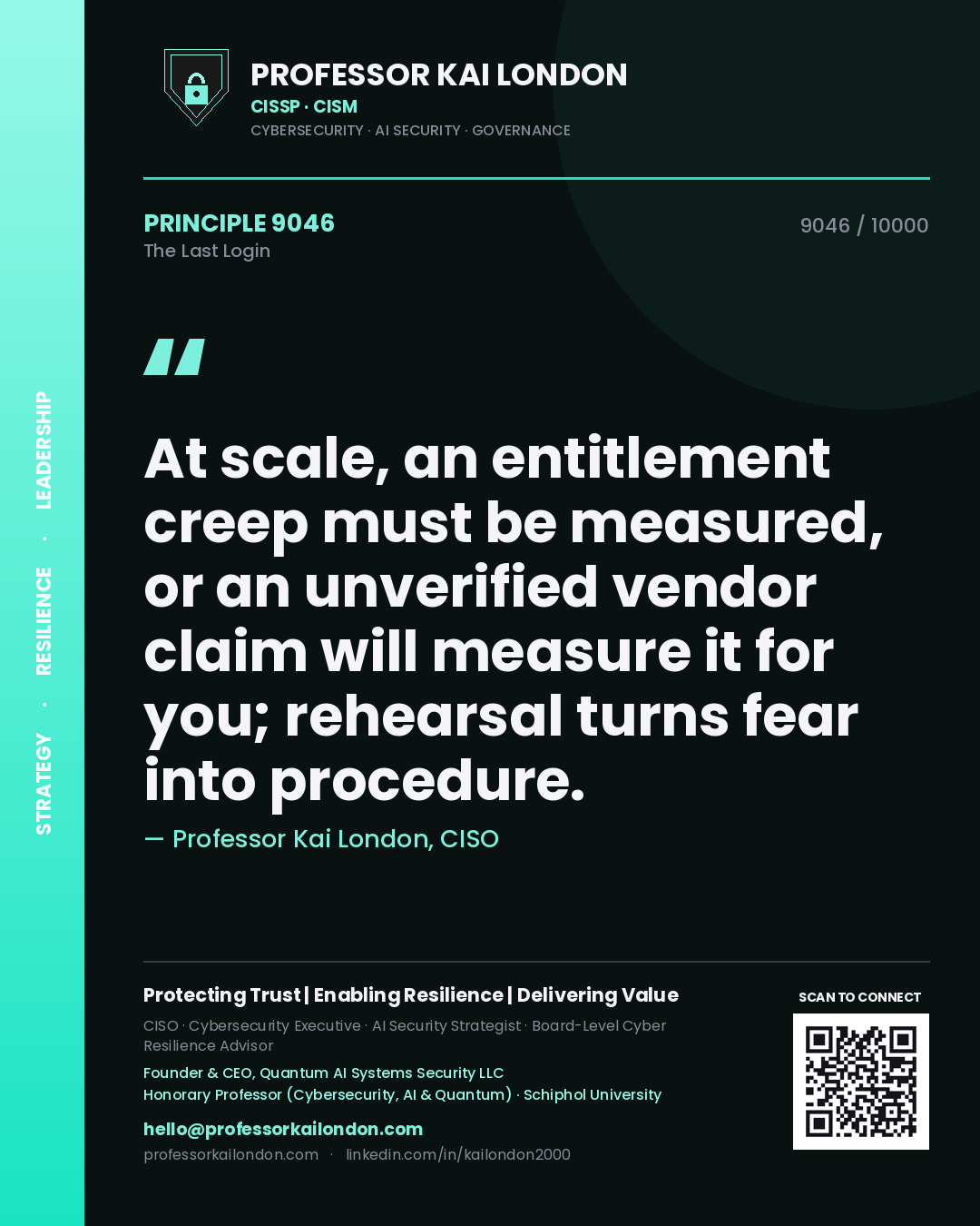 Quote card by Professor Kai London reading 'At scale, an entitlement creep must be measured, or an unverified vendor claim will measure it for you; rehearsal turns fear into procedure.'. From the book The Last Login.