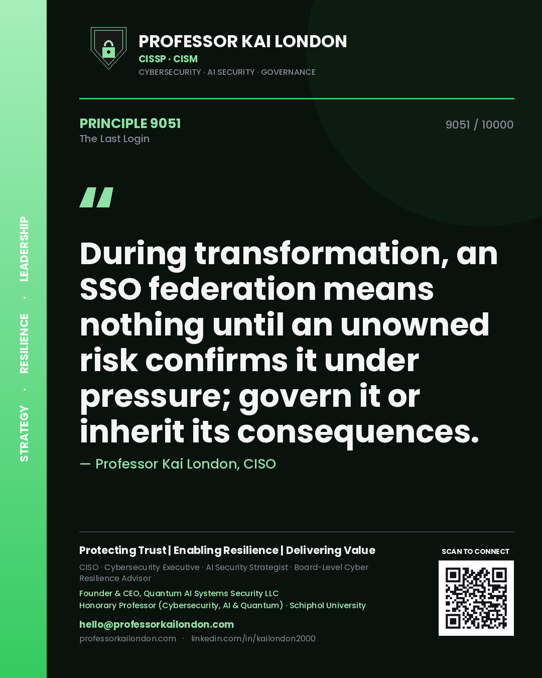 Quote card by Professor Kai London reading 'During transformation, an SSO federation means nothing until an unowned risk confirms it under pressure; govern it or inherit its consequences.'. From the book The Last Login.