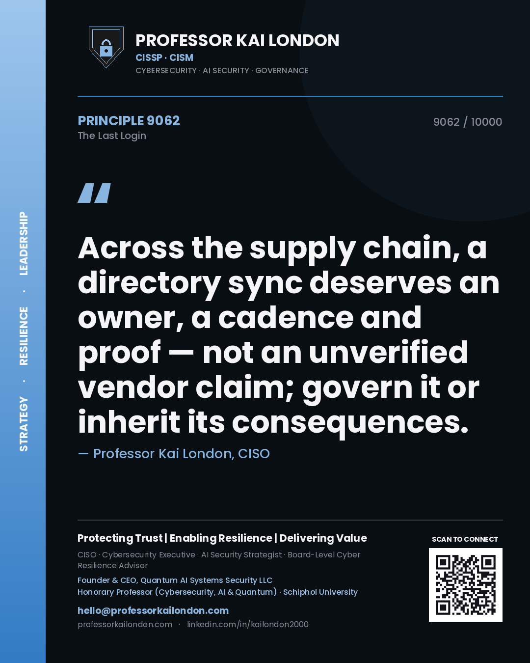 Professor Kai London principle 9062: Across the supply chain, a directory sync deserves an owner, a cadence and proof — not an unverified vendor claim; govern it or inherit its consequences.
