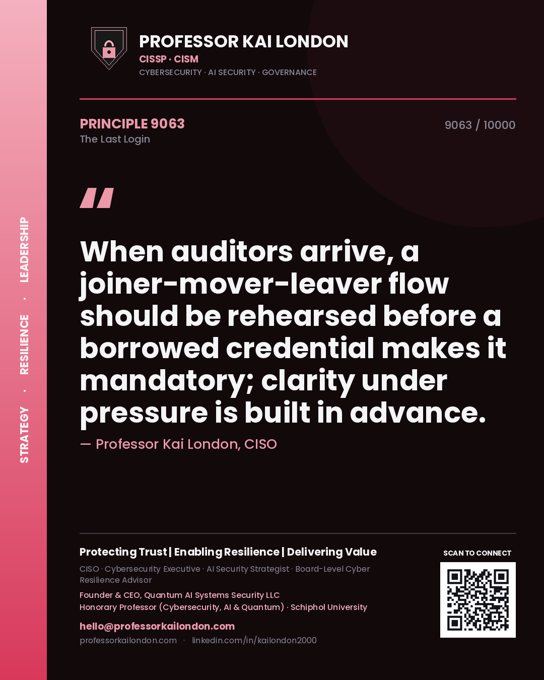 Quote card by Professor Kai London reading 'When auditors arrive, a joiner-mover-leaver flow should be rehearsed before a borrowed credential makes it mandatory; clarity under pressure is built in advance.'. From the book The Last Login.