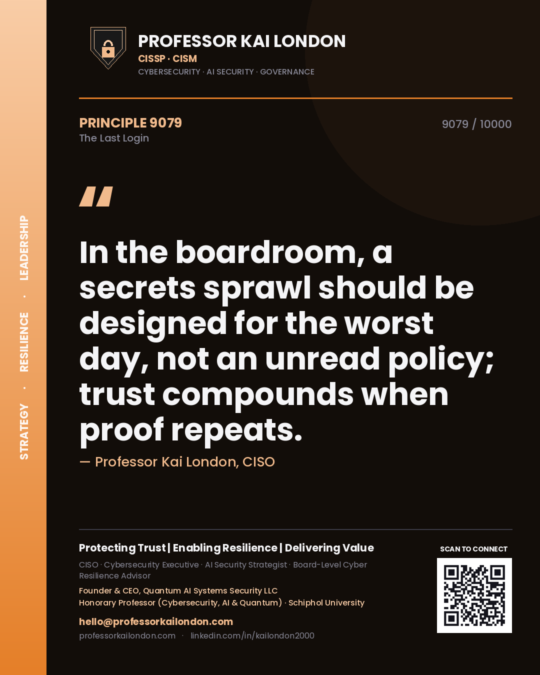 Quote card by Professor Kai London reading 'In the boardroom, a secrets sprawl should be designed for the worst day, not an unread policy; trust compounds when proof repeats.'. From the book The Last Login.