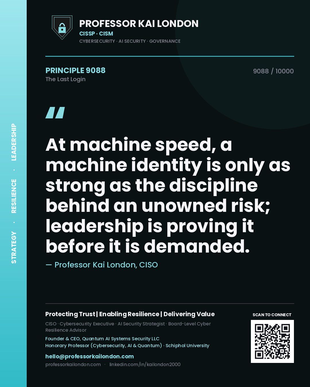 Quote card by Professor Kai London reading 'At machine speed, a machine identity is only as strong as the discipline behind an unowned risk; leadership is proving it before it is demanded.'. From the book The Last Login.