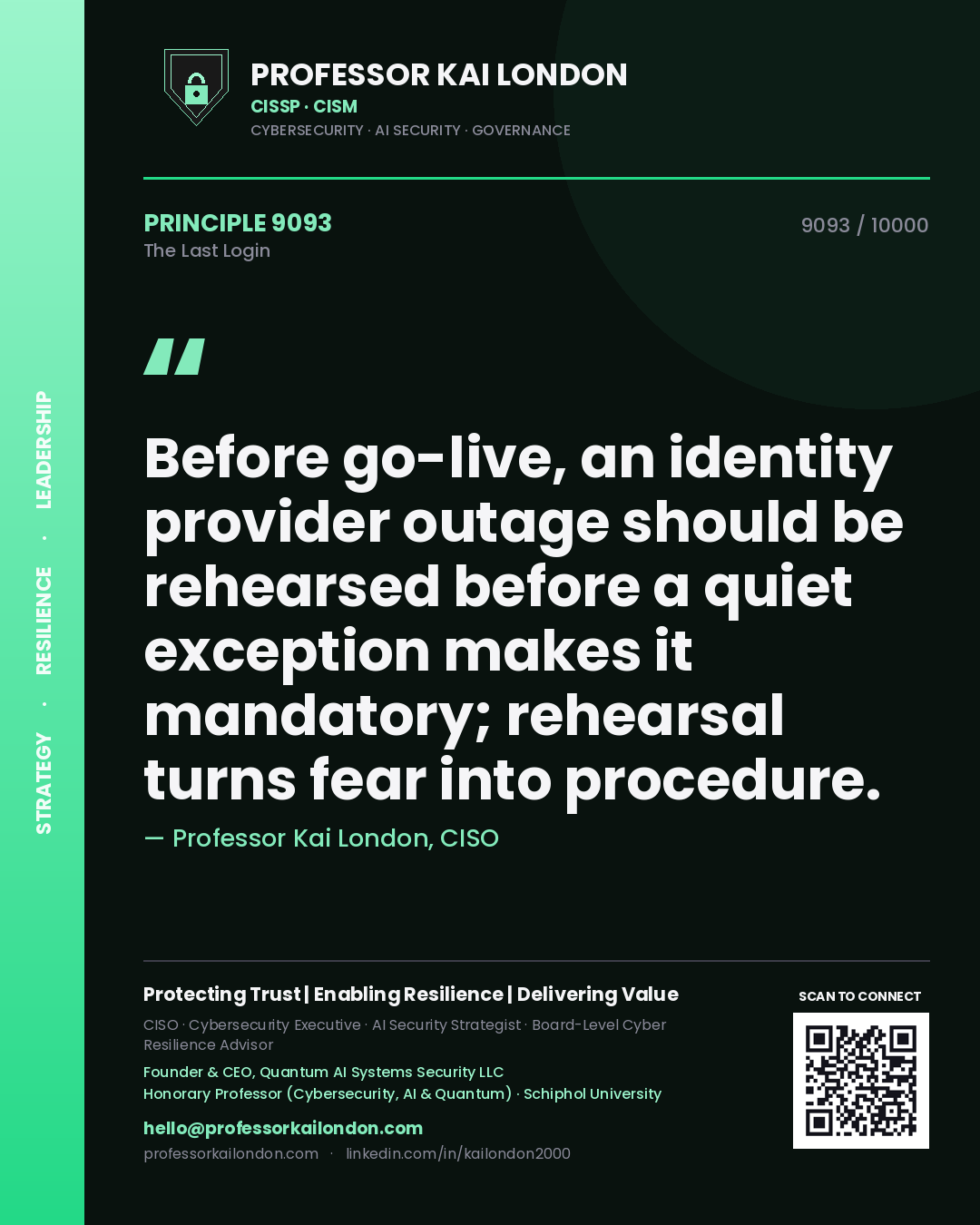 Quote card by Professor Kai London reading 'Before go-live, an identity provider outage should be rehearsed before a quiet exception makes it mandatory; rehearsal turns fear into procedure.'. From the book The Last Login.